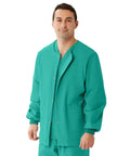 Hustle Ready Unisex Warm Up Medical Scrub Jacket Featuring Snap Front Closure Collarless Neckline in smooth fresh jade.
