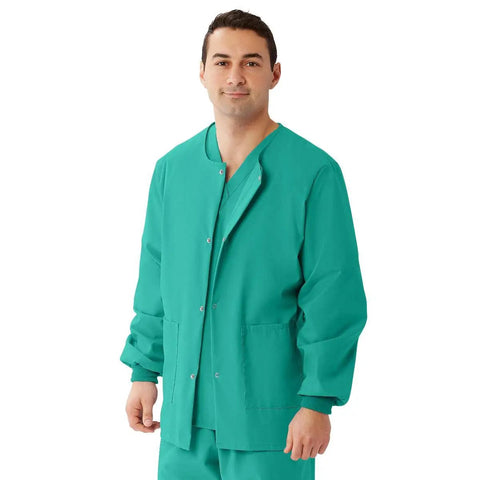 Hustle Ready Unisex Warm Up Medical Scrub Jacket Featuring Snap Front Closure Collarless Neckline in smooth fresh jade.