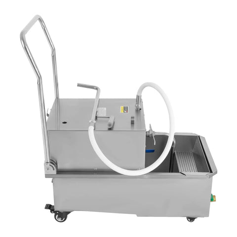 Built Tough Mobile Fryer Oil Filter 370W Commercial Oil Filtration Cart 14.5 Gallon Frying System in stainless steel design.