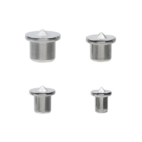 Dowel Center Finder Set For Woodworking Eight Piece Precision Drill Guide Pins In One Quarter Inch, Five Sixteenths Inch, Three Eighths Inch, And One Half Inch, Durable Steel Rust Proof Tenon Alignment Tools With Easy Disassembly And Accurate Centering shown in various sizes.