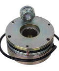 COKYIS forklift electromagnetic brake, front view; round metal housing with gear spline hub and power wires