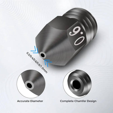 Beefed Up Hardened Steel MK8 3D Printer Nozzle, shown with accurate diameter and chamfer design, sizes 0.2-1.0mm