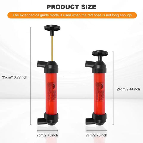 Heavy Duty Portable Siphon Pump Kit For Handheld Fluid Extractor And Universal Gasoline Oil Transfer With Hella Durable Flexible Pvc And No Sweat Garage Use, showing size dimensions of 35cm and 24cm.