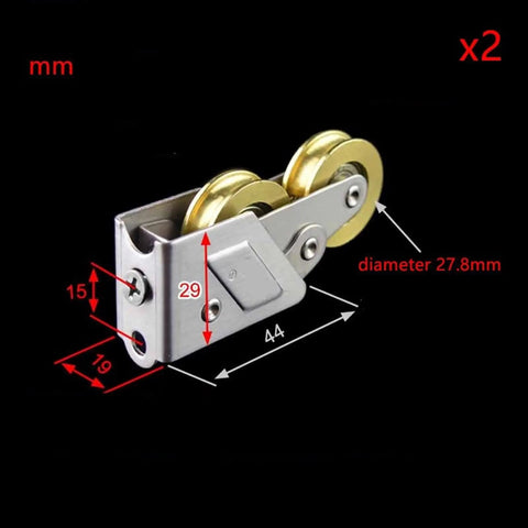 Heavy Duty Stainless Steel Double Wheel Pulley Track Rollers For Cupboard Pantry And Bathroom Sliding Doors close-up with dimensions