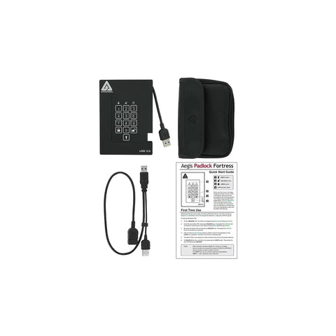 Heavy Duty 2TB USB 3.0 External Hard Drive Featuring 256 Bit FIPS Hardware Encryption And Integrated Keypad Pin Lock with accessories.