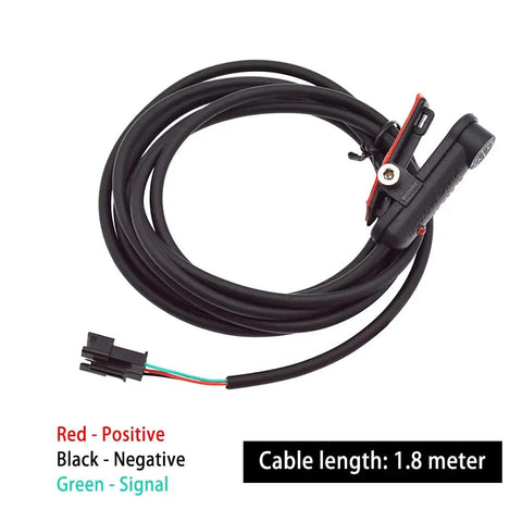 External Speed Sensor for Electric Bikes with black cable, 1.8m length, red, black, green wires, magnetic wheel sensor visible