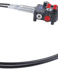 Solarhome hydraulic control valve kit with two-spool valve and cable remote joystick, black hoses.