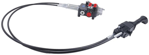 Solarhome hydraulic control valve kit with two-spool valve and cable remote joystick, black hoses.