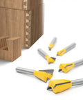 Shop Tested Six Piece Dovetail Router Bit Set Featuring One Quarter Inch Shank And Cutting Widths Spanning A Quarter To Seven Eighths Inches Crafted From Tough Tungsten Carbide For Knocking Out Tight Half Blind Woodworking Joints Dead On And Fast displayed with half-blind joint cutout.