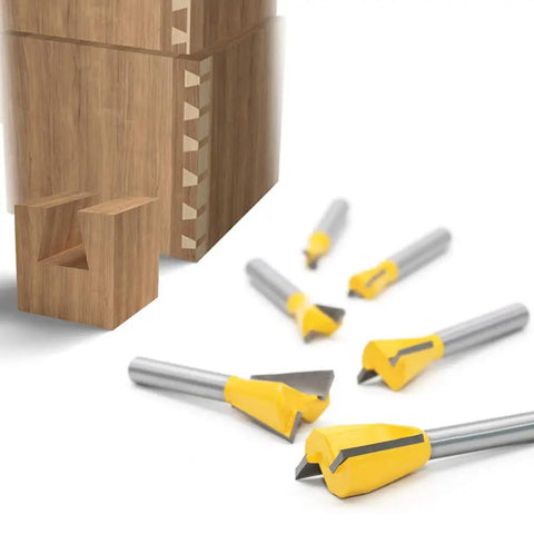 Shop Tested Six Piece Dovetail Router Bit Set Featuring One Quarter Inch Shank And Cutting Widths Spanning A Quarter To Seven Eighths Inches Crafted From Tough Tungsten Carbide For Knocking Out Tight Half Blind Woodworking Joints Dead On And Fast displayed with half-blind joint cutout.