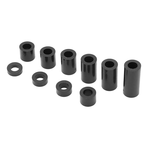 Nylon Spacers Assortment Kit With 150 Pieces For Electronics, PCBs And 3D Printing, Heat And Abrasion Resistant Standoffs, 10 Sizes From 3mm To 25mm, Comes In A Handy Storage Box. Assorted black nylon spacers in mixed sizes