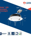 6-Inch Adjustable Gimbal Wafer LED Downlight With Switchable Color Temperature shown with dimensions and features
