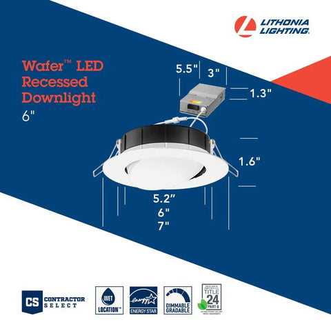 6-Inch Adjustable Gimbal Wafer LED Downlight With Switchable Color Temperature shown with dimensions and features
