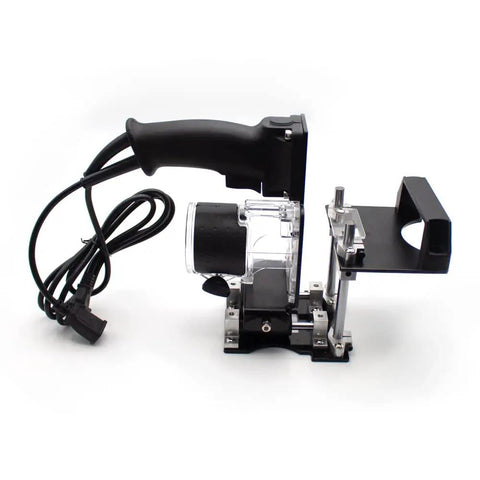 Heavy Duty Mortising Jig And Loose Tenon Joinery Kit With Easy Adjust Slotting Bracket, side view with handle and electrical cord.
