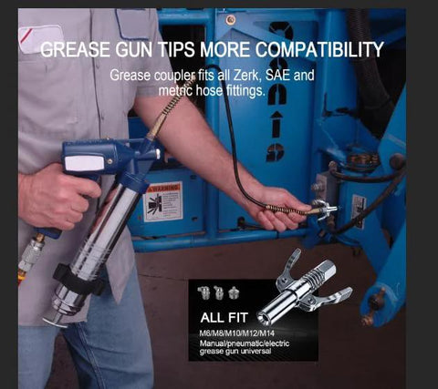 Using a leakproof grease gun coupler 12000 PSI for universal fittings on heavy machinery.
