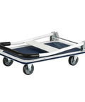 Heavy Duty Steel Platform Cart With Smooth Swivel Wheels And Secure Locking Brakes Folding Utility Wagon Beast Mode Hauler For Garage Warehouse Floor 330 Lbs Capacity folded showing smooth swivel wheels and sturdy handle.