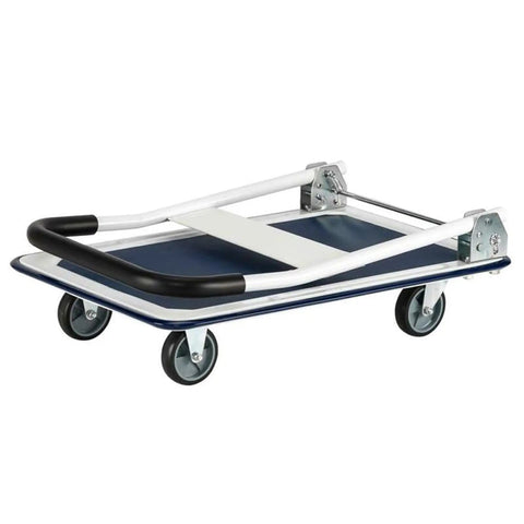 Heavy Duty Steel Platform Cart With Smooth Swivel Wheels And Secure Locking Brakes Folding Utility Wagon Beast Mode Hauler For Garage Warehouse Floor 330 Lbs Capacity folded showing smooth swivel wheels and sturdy handle.