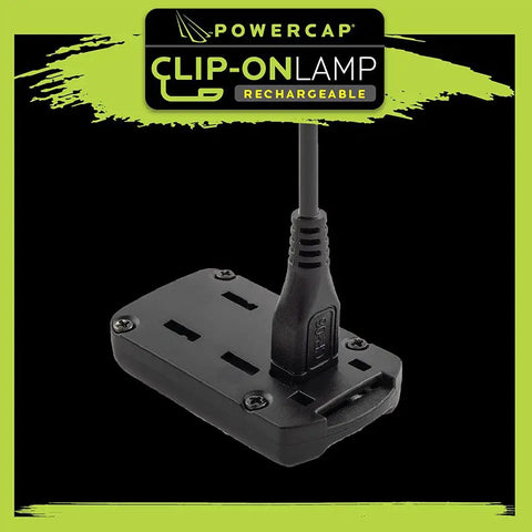PowerCap Hat Clip On Lamp Rechargeable LED Headlamp base with USB charging cable, black, for outdoor adventures and night projects