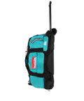 Beefy Wheeled Tool Duffel Bag With Slick Rollers And Rock Solid Handles for portable contractor gear transport, dark gray and turquoise.