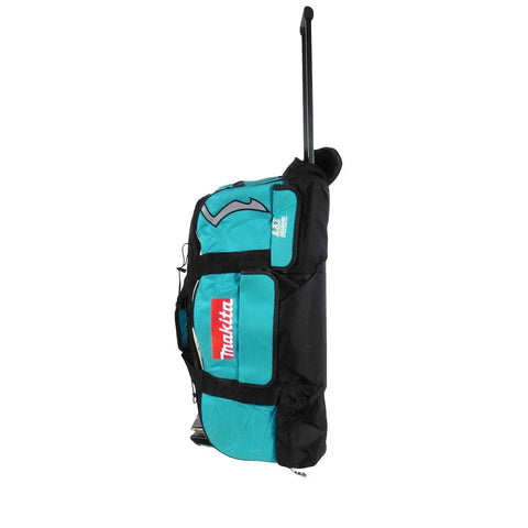Beefy Wheeled Tool Duffel Bag With Slick Rollers And Rock Solid Handles for portable contractor gear transport, dark gray and turquoise.