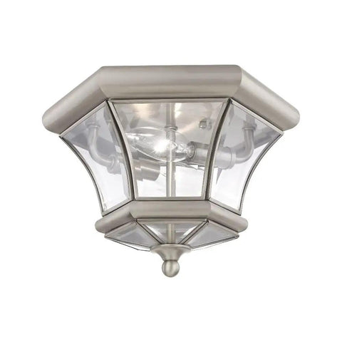 Monterey Two Light Outdoor Indoor Flush Mount In Polished Brass Finish Solid Brass Fixture With Clear Beveled Glass Classic Old School Vibe