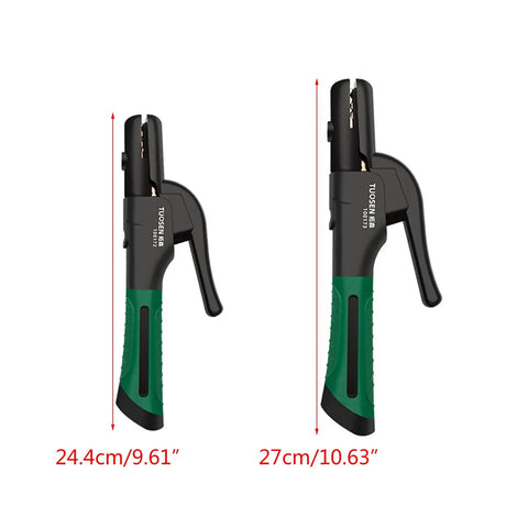 Heavy Duty Welding Electrode Holder Pliers With Non Slip Grip For 600A And 800A Stick Rods, showing two sizes 24.4cm and 27cm.