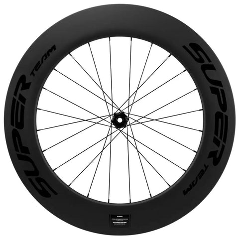 Front view of Dope Carbon Fiber Road Bike Disc Brake Wheelset 700c Tubeless Ready 88mm by 25mm Deep Rim Shimano 8-12 Speed