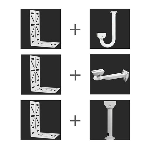 Universal L Shape Dome Camera Bracket for wall or ceiling mounts and compatible accessories for security CCTV systems.