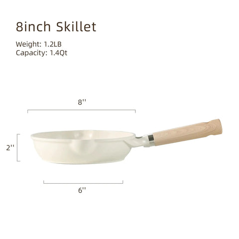 8 Inch White Granite Nonstick Frying Pan Skillet With Heavy Duty Cast Aluminum Induction Base, cream white side view