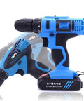 Built Tough Heavy Duty Cordless Lithium Hammer Drill And Impact Driver Set With Smooth Variable Speed Control in blue design.