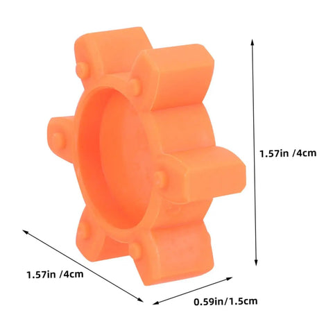 Orange plum-shaped rubber coupling pad for jaw couplings, dimensions 1.57in x 1.57in x 0.59in, pro-grade cushion.