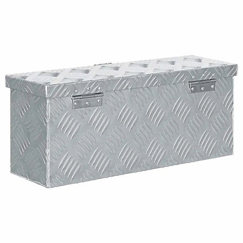 Built Tough Aluminum Tool Box With Locking System And Two Keys, corrugated design, 19.1x5.5x7.9 inches, shown closed silver chest