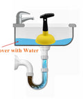 Compact Mini Sink Plunger With Short Handle That Slams Down Grease And Food Clogs Instantly Uses Thick Soft Rubber To Keep Your Drains Flowing Smooth As Butter In Classic Yellow in use above water-covered sink.