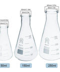 Three Piece Erlenmeyer Flask Set With Flat Bottom Borosilicate Glass And Graduated Markings 50ml 150ml 250ml displayed with measurement details