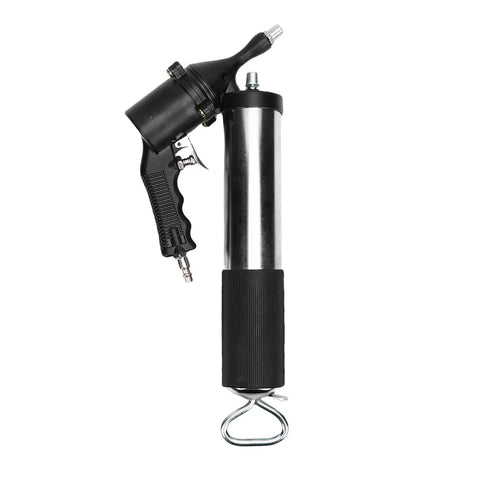Pneumatic Grease Gun Kit With 18 Inch Flexible Hose And 5.5 Inch Extension Tube Heavy Duty Grip, durable steel body, black handle.
