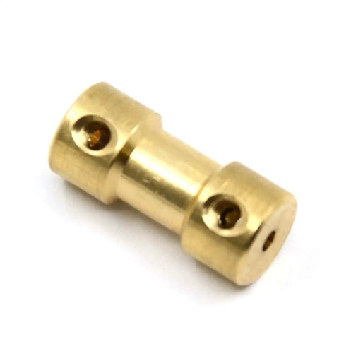 Close-up of a brass shaft coupling for small motors, featuring screws for secure connection, part of Eight Pack 2Mm To 2Mm Brass Shaft Couplings.