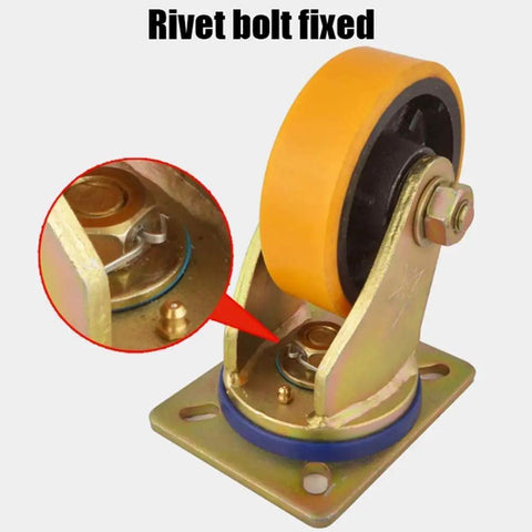 Top Shelf Four Piece Rubber Plate Casters With Swivel Wheels And Locking Brakes showing rivet bolt fixation and PU wheel design.