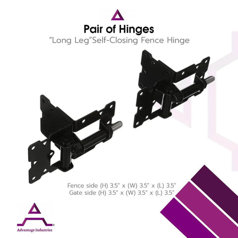 Stainless Steel Self-Closing Gate Hinge Set with long leg, horizontal adjustable tension, black finish for vinyl PVC fences.