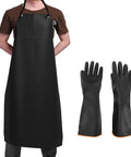 Heavy Duty PU Apron And Latex Gloves Set For Kitchen And Lab Use, showing black apron on model with matching gloves.