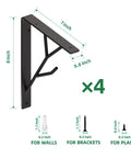 Black 8 Inch Heavy Duty Floating Shelf Brackets Set of 4 with Rustic Tree Branch Design, dimensions shown, wall mounting hardware