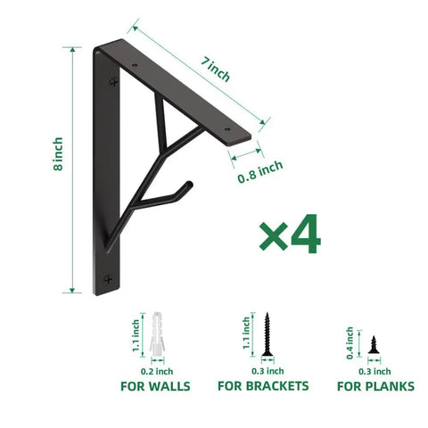 Black 8 Inch Heavy Duty Floating Shelf Brackets Set of 4 with Rustic Tree Branch Design, dimensions shown, wall mounting hardware