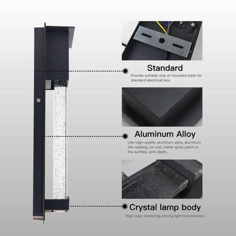 Side view of 2 Pack Crystal LED Wall Lights with Frosted Matte Shade, Sleek Black Aluminum Sconce Outdoor Fixtures close-up details.