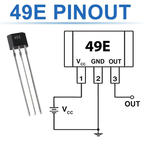 Diagram of 49E OH49E SS49E Hall Effect Sensor TO92 Three Pins showcasing electrical pinout for motor repair applications.