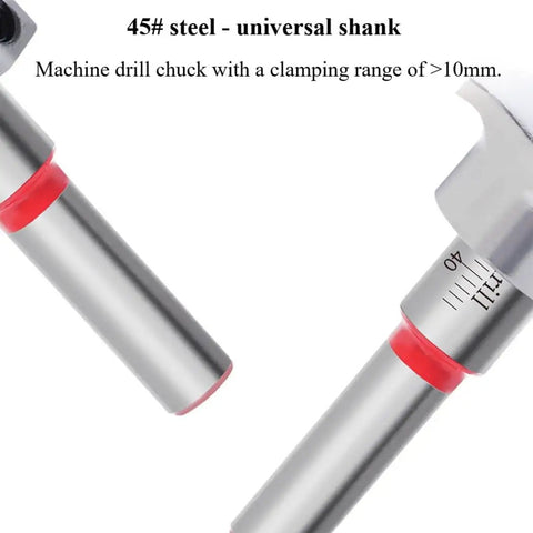 Top Shelf Heavy Duty 5 Piece Cemented Carbide Forstner Drill Bit Set With Adjustable Depth Stopper universal shank and drill chuck detail.