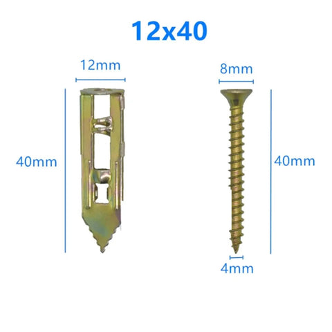 Self-Drilling Drywall Anchors Kit 12x30mm With Screws for Plasterboard Fixing, Premium Yellow Zinc-Plated Carbon Steel, Rust-Resistant No-Prep Install, Quick Mount for TVs, Shelves, Cabinets, and Wall Decor, 12x40 shown