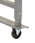 Gray heavy-duty caster of Mobile Adjustable Height Workbench With Maple Block Top, Sixty Inches Wide By Thirty Inches Deep, 2000 Lb Capacity