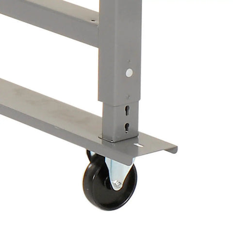 Gray heavy-duty caster of Mobile Adjustable Height Workbench With Maple Block Top, Sixty Inches Wide By Thirty Inches Deep, 2000 Lb Capacity