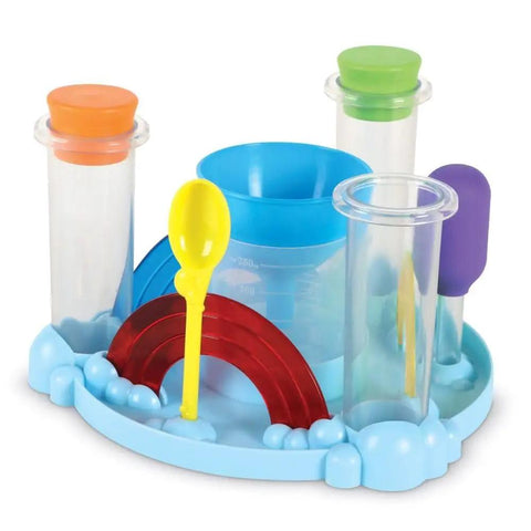 Rainbow Reactions 14 Piece Preschool Science Lab Kit For Kids Age Four And Up With Color Mixing Experiments And Hands On Colorful STEM Activities For Boys And Girls showing colorful lab tools on a tray