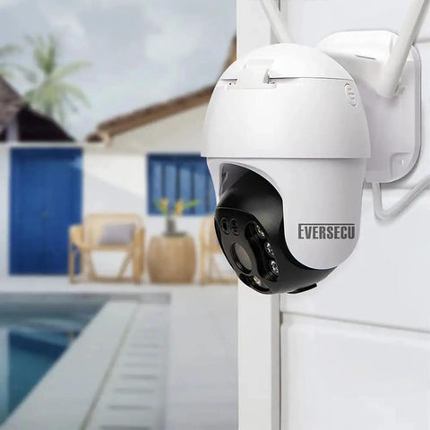 Outdoor WiFi PTZ Security Cam 1080P Waterproof With AI Human Detection And Color Night Vision mounted by poolside for monitoring.