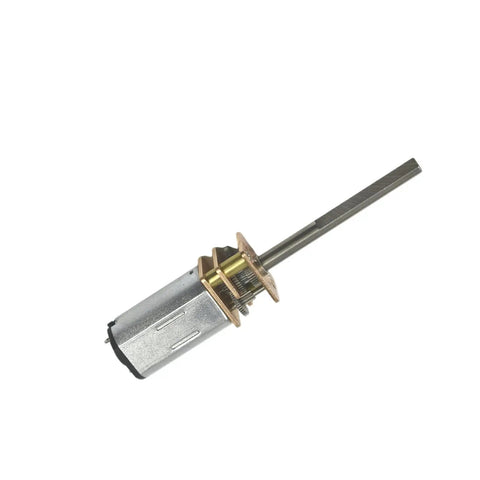 Close-up of Tiny But Mighty N20 Micro Gear Motor 5V DC 30RPM Geared Motor for Robotics, showing metal D shaft.